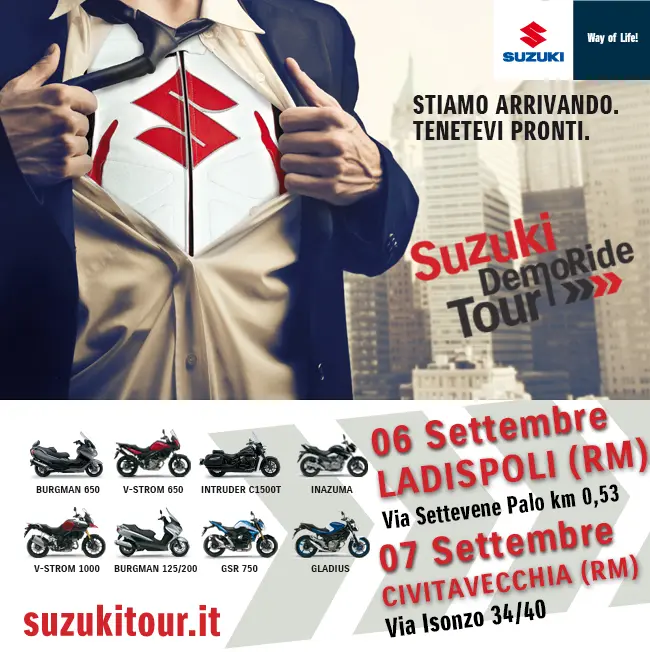 Suzuki DemoRide Tour 2014: il 6 e il 7 settembre in provincia di Roma