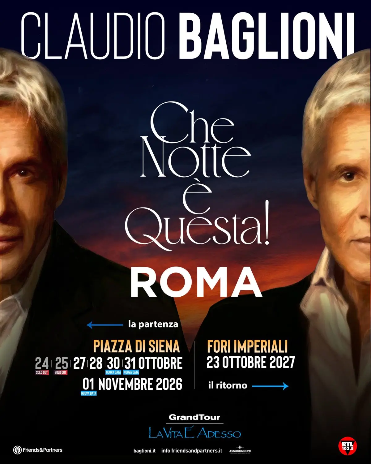 Claudio Baglioni: sette notti di concerti evento a Roma nel 2026 per CHE NOTTE È QUESTA!