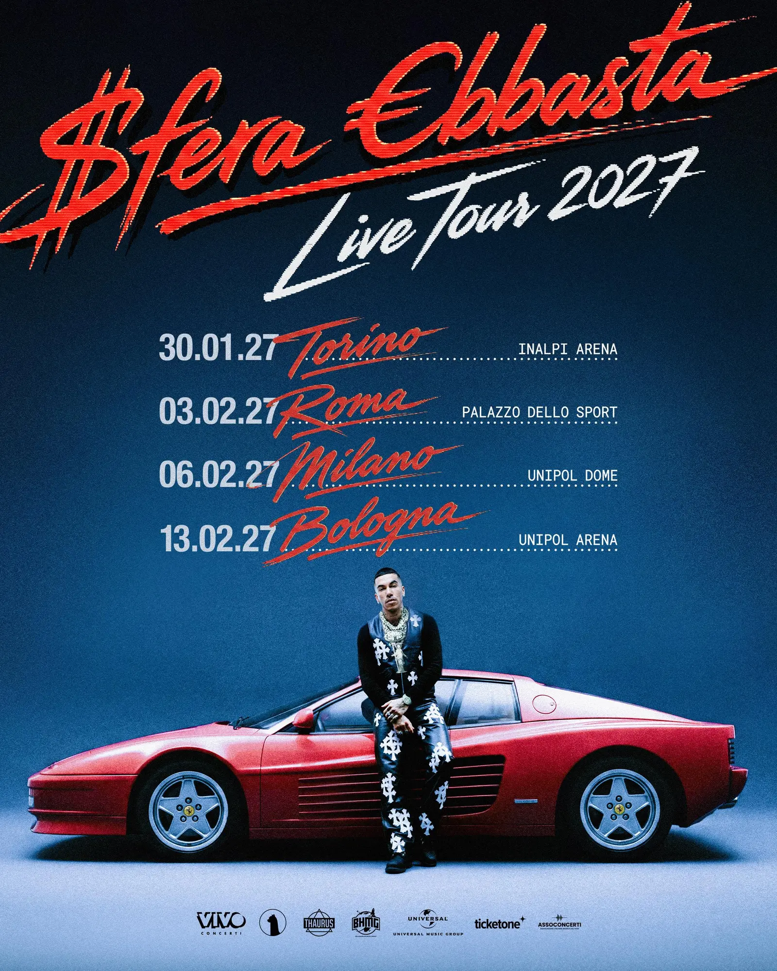 Sfera Ebbasta annuncia il Live Tour 2027: quattro date nei palazzetti italiani